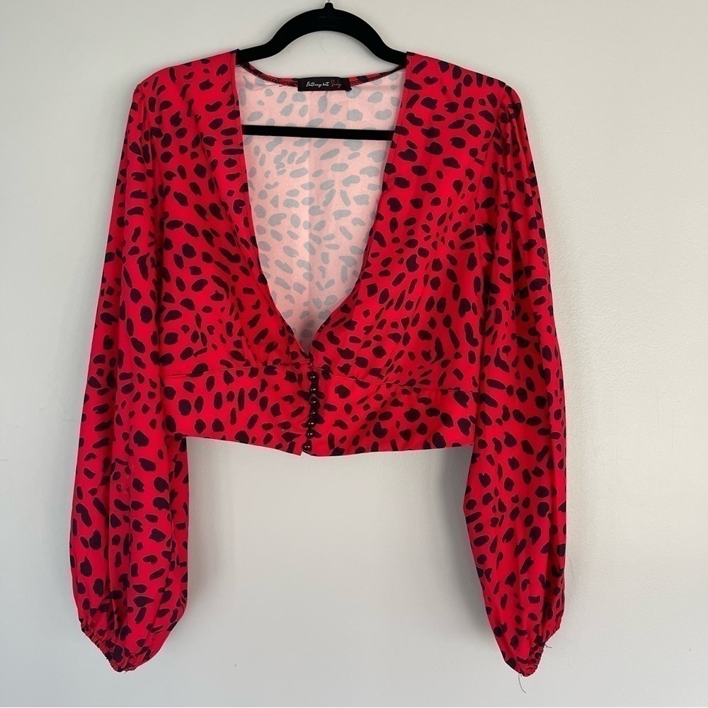 Balloon Sleeve Button Front Crop Top Red Leopard Print Gillian Blouse - Picture 2 of 13